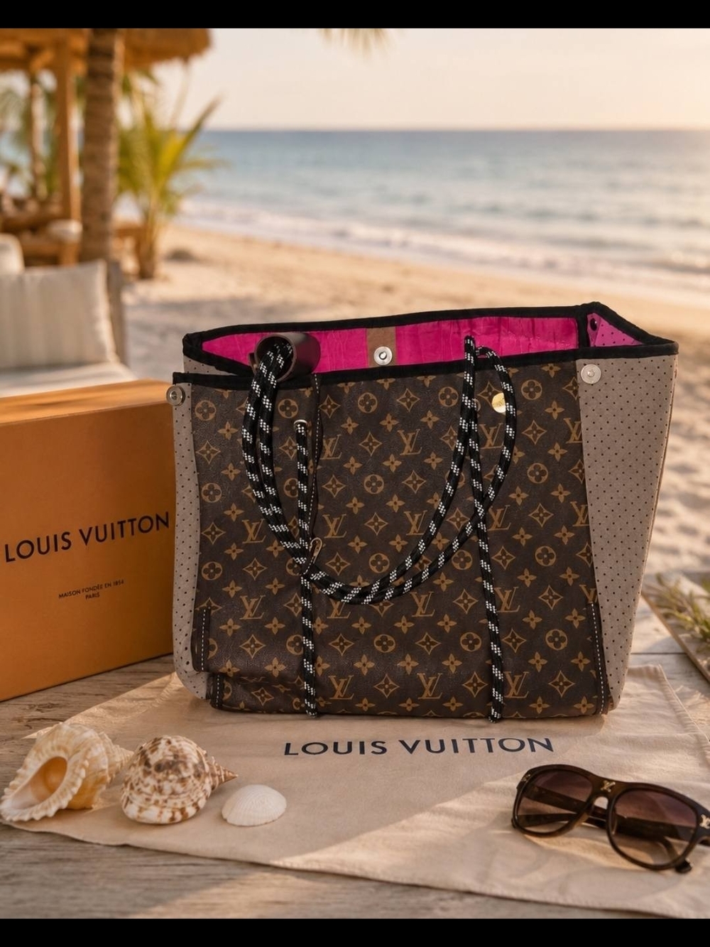 Monogram Canvas Tote with Hot Pink Interior and Beige Sides